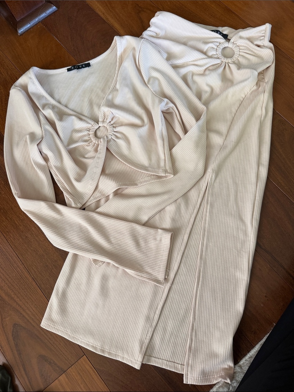 Ribbed Cream Long Sleeve Top with Front Ring by LOFT
